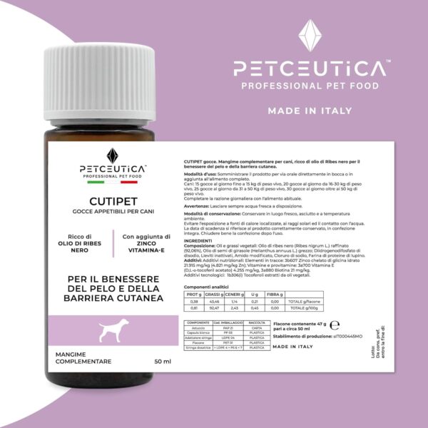 Integratore Pelo contro Dermatite e Prurito Cane CUTIPET - Ricco di Olio di Ribes (Acido Gamma Linoleico), Zinco, Biotina e Vitamina E - Mangime Complementare in Gocce 50ml - immagine 7